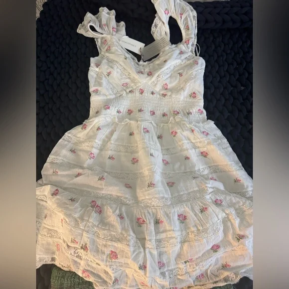LoveShackFancy Finny Dress M NWT White Pink Floral Lace Smocked Mini Cottagecore - Picture 6 of 11